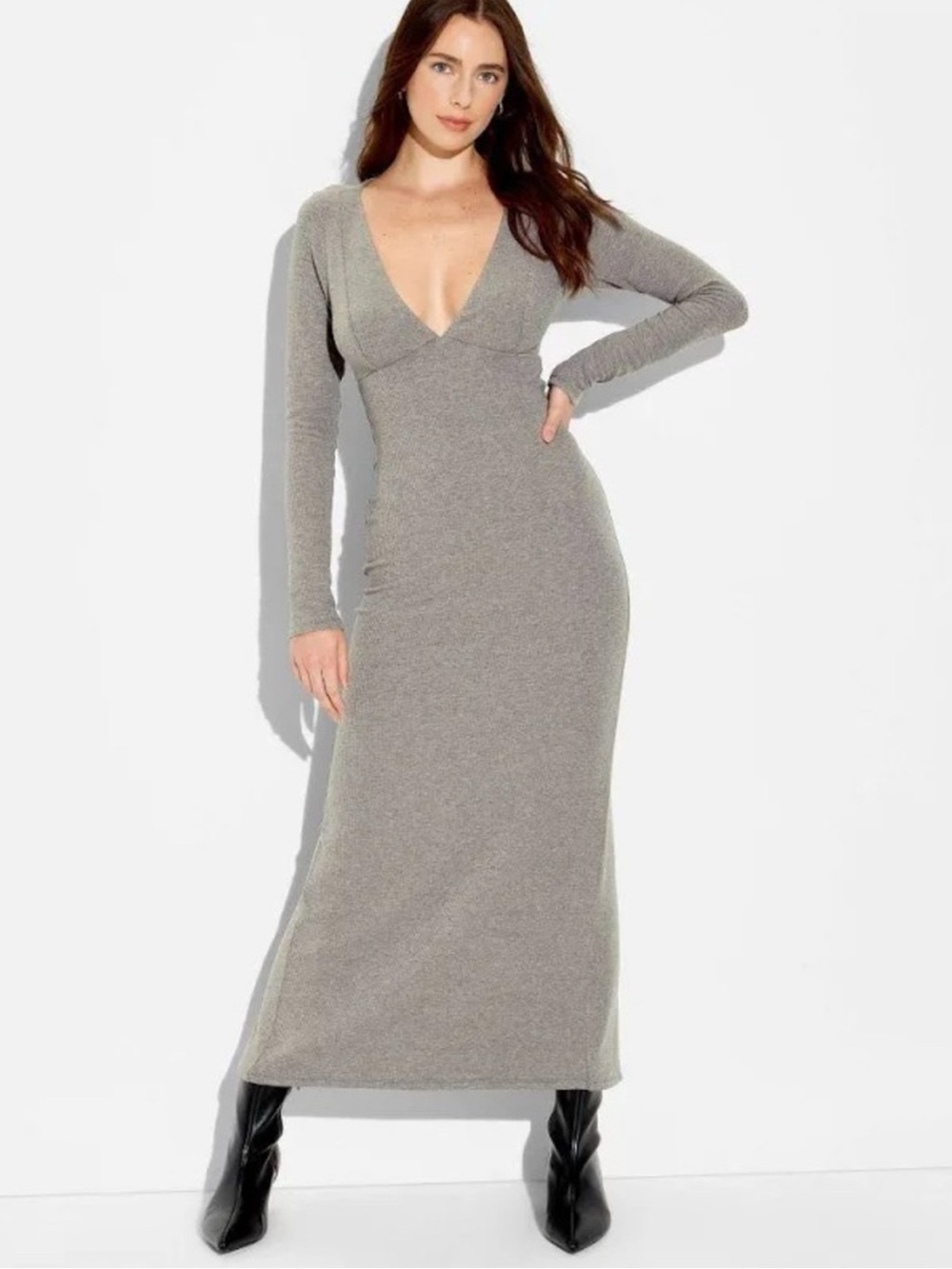 Wild Fable NWT Grey Knit Fitted Maxi Dress Long Sleeve V- Neck XS Bodycon Fall